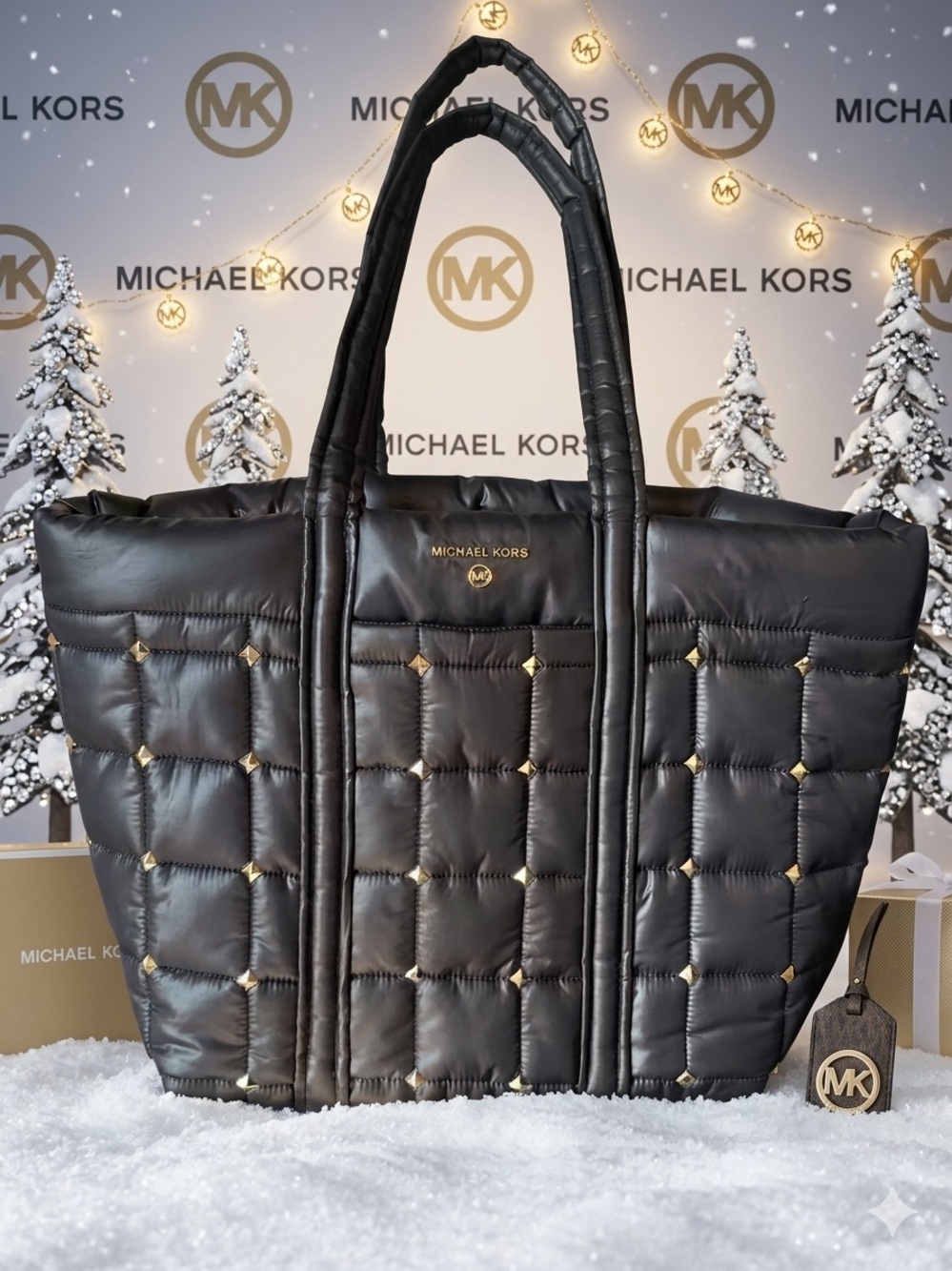 Michael Kors Stirling Large Studded Quilted Puffy Tote Bag Black Like New - Picture 1 of 7